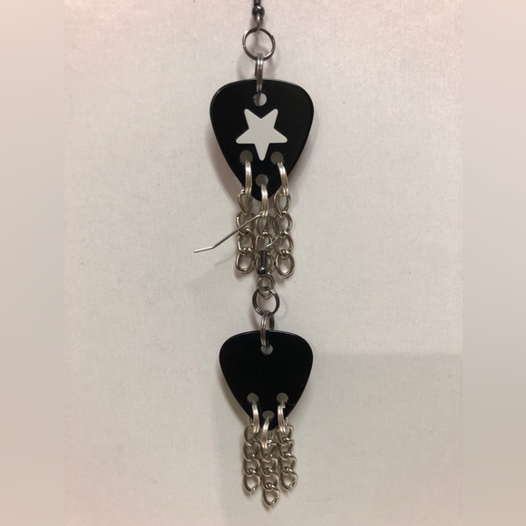 Handmade Black and Silver guitar pick earrings glow in the dark star sticker - Picture 2 of 3